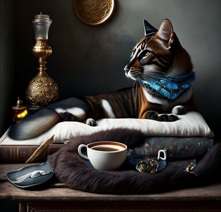 Tabby Cat with Blue Necklace Surrounded by Coffee, Books, and Decorative Items