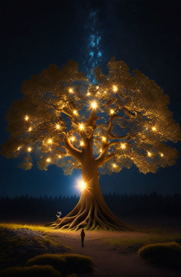 Person standing under illuminated tree at night with starry sky and Milky Way.