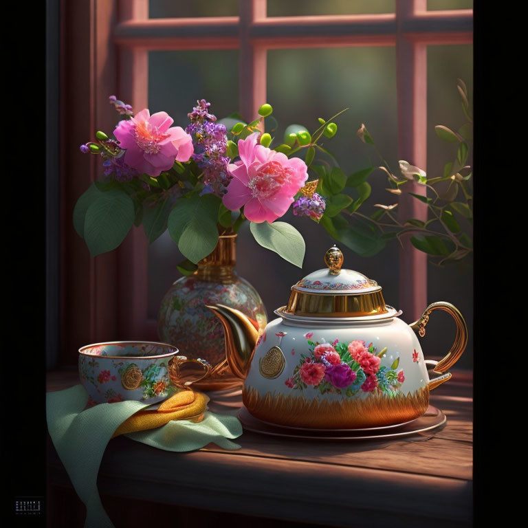 Floral Tea Set with Blooming Bouquet by Sunlit Window