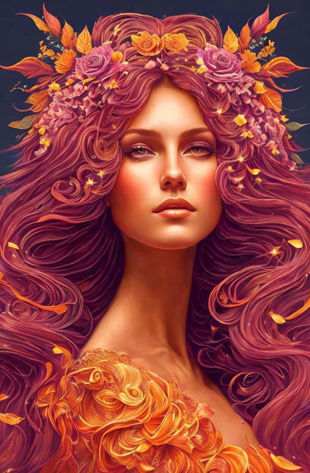 Woman with wavy hair and flowers in mystical portrait.