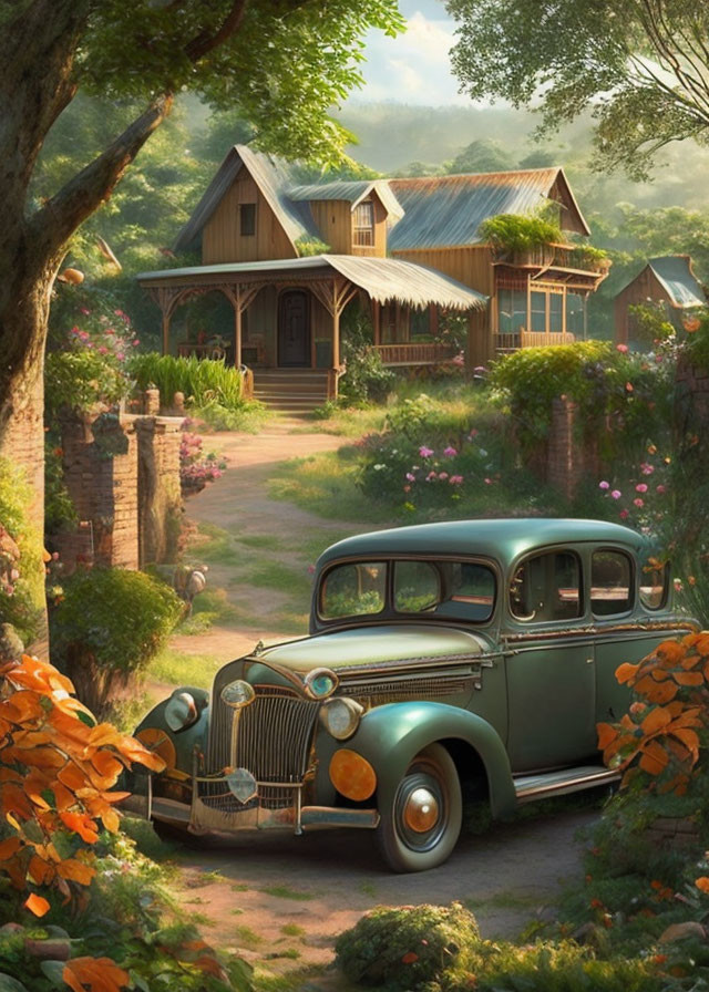 Vintage Car Parked in Front of Quaint Cottage Amid Lush Greenery