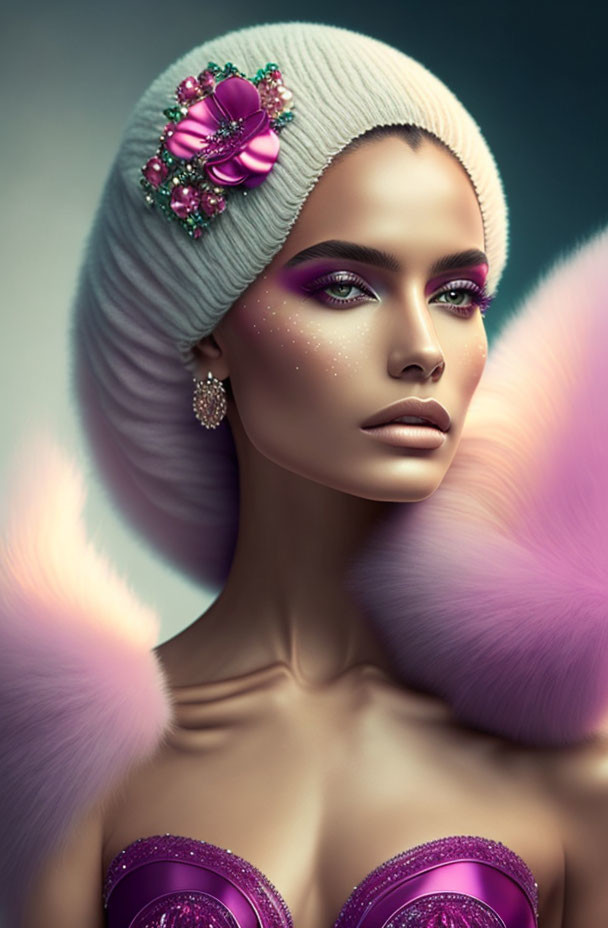 Woman portrait with striking makeup, cream headband, pink flowers, earrings, purplish-pink