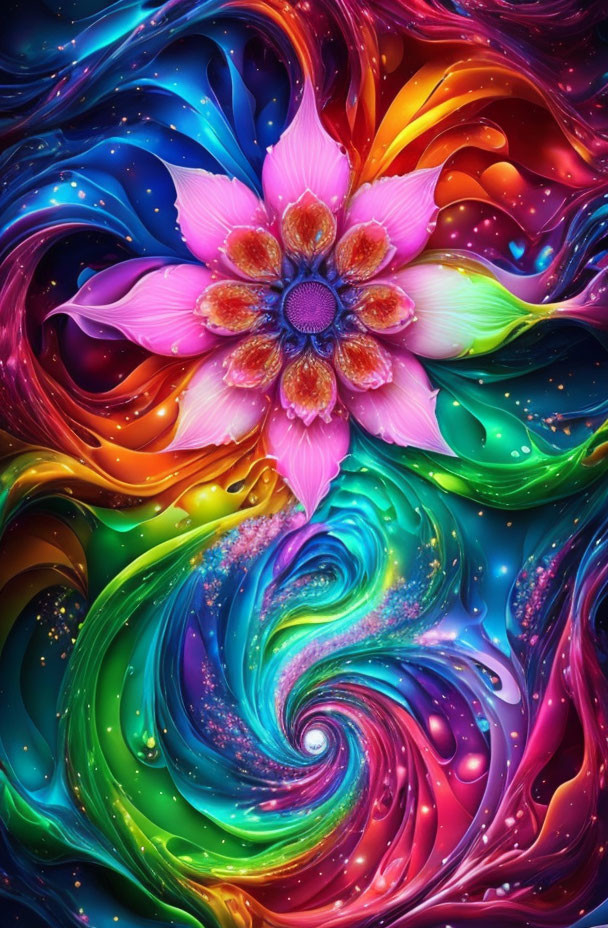 Colorful Psychedelic Swirl Pattern with Pink Flower