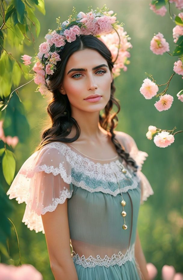 Woman with floral crown and blue eyes in vintage dress among pink blossoms