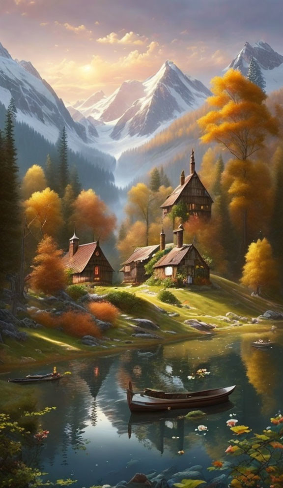 Tranquil autumn landscape with lake, cottages, boat, trees, mountains