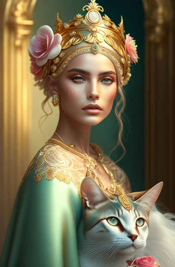 Regal woman with golden headpiece holding cat on golden backdrop