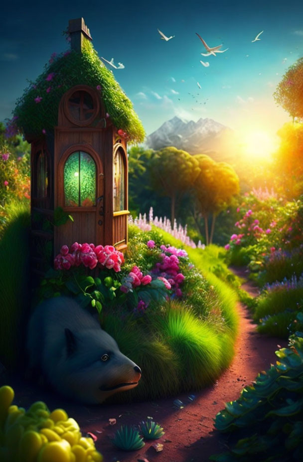 Enchanting woodland scene with tree house, flowers, and wolf-like creature