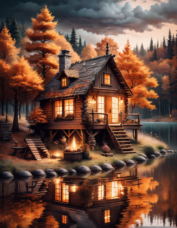 Rustic wooden cabin by serene lake with autumn trees and campfire