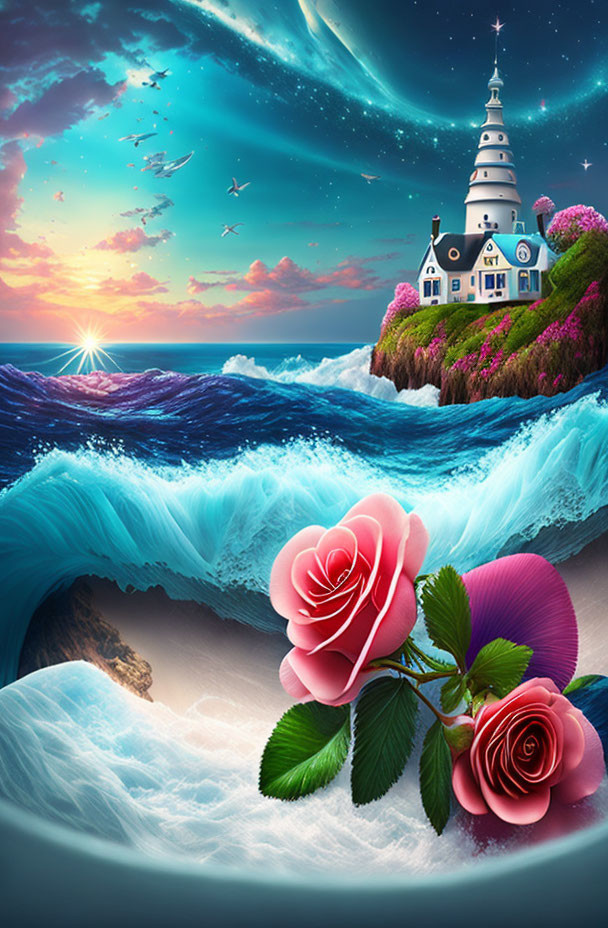 Surreal image of lighthouse on cliff with blooming garden, waves, roses, and sunset