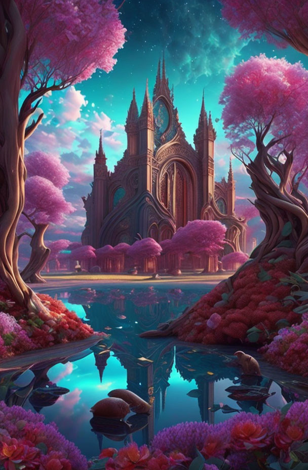 Gothic castle and pink foliage in twilight landscape