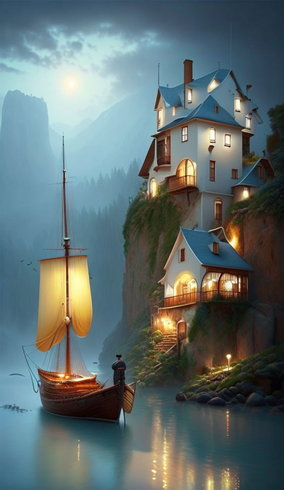 Moonlit sailboat scene by cliffside house at night