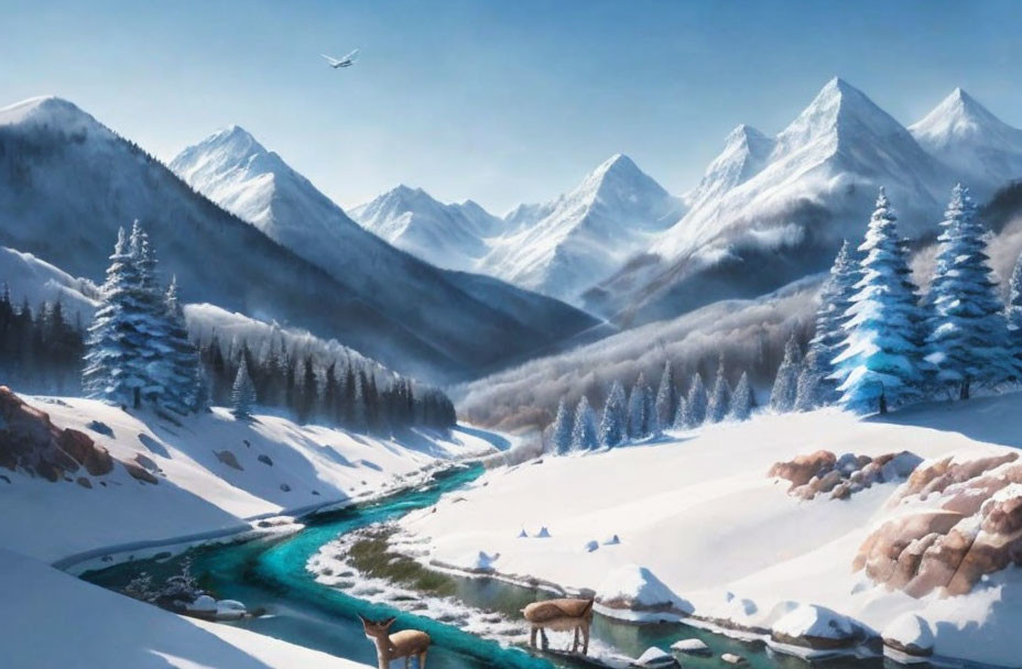 Snow-covered mountains, pine trees, winding river, deer, and clear blue sky in serene winter landscape