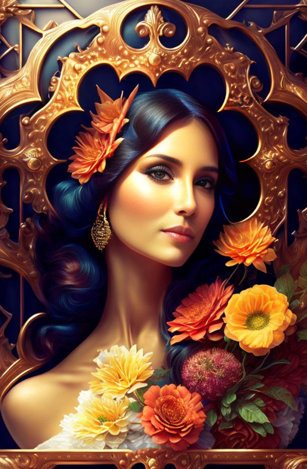 Dark-haired woman with orange flower adornments in ornate golden mirror