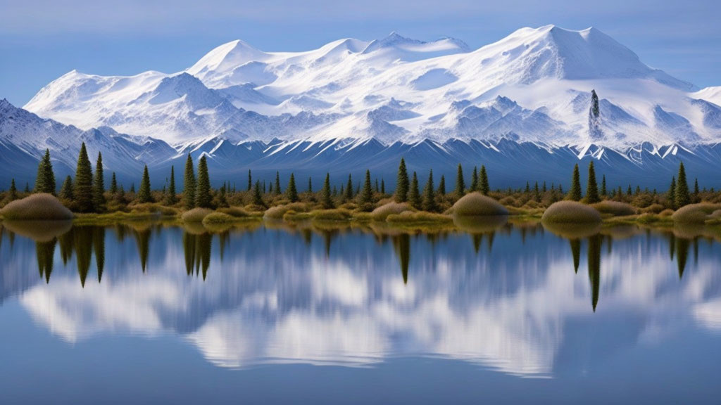 Scenic snow-capped mountains reflected in calm lake