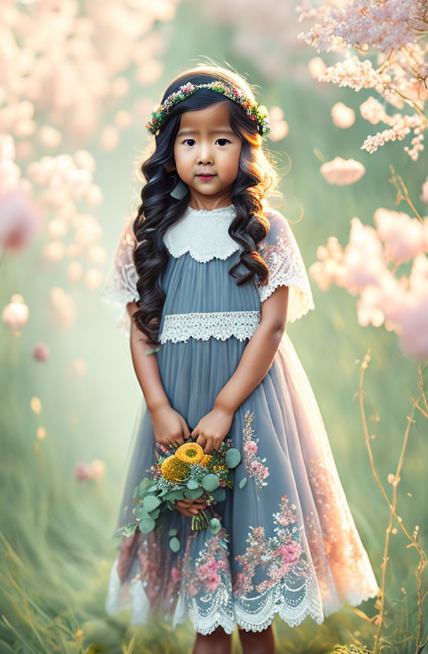 Young girl in floral headband and blue dress surrounded by pink blossoms symbolizes innocence and springtime