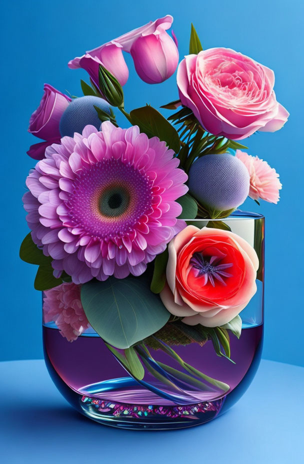 Colorful Flower Arrangement in Round Glass Vase on Blue Background