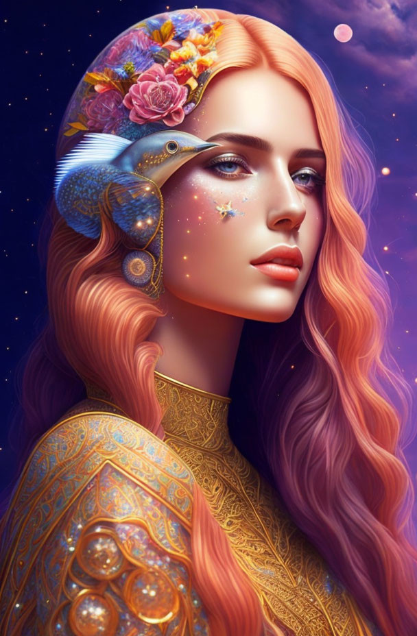 Digital artwork: Woman with red hair, bird, gold patterns, starry sky