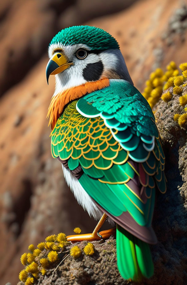 Colorful Bird with Teal Feathers and Orange Chest Perched on Rocky Surface