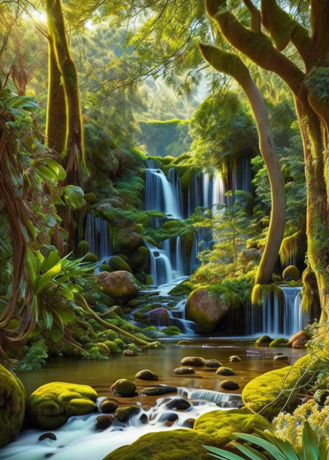 Tranquil forest scene: cascading waterfall, moss-covered rocks, soft sunlight