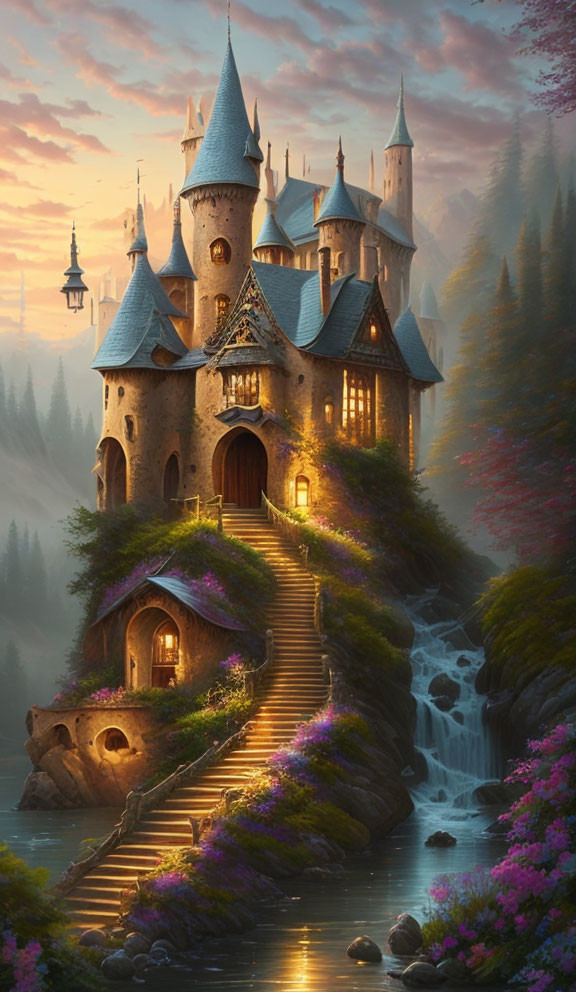 Fairytale castle with blue rooftops in misty forest and waterfall