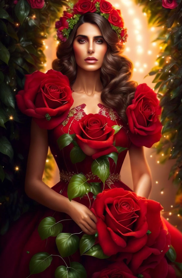 Woman in Red Dress with Rose Adornments and Floral Crown Poses in Greenery