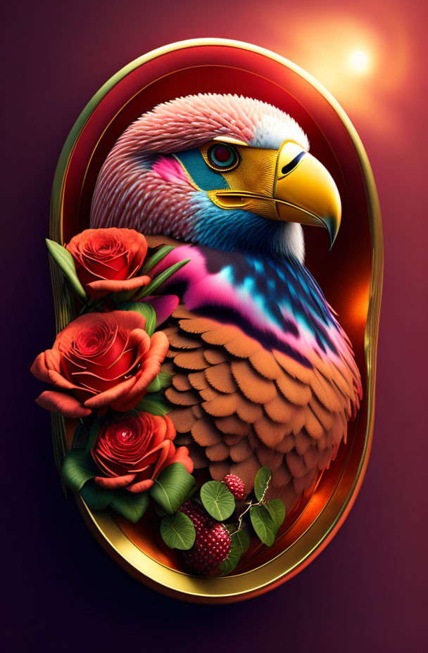 Colorful Eagle Illustration Surrounded by Roses and Foliage