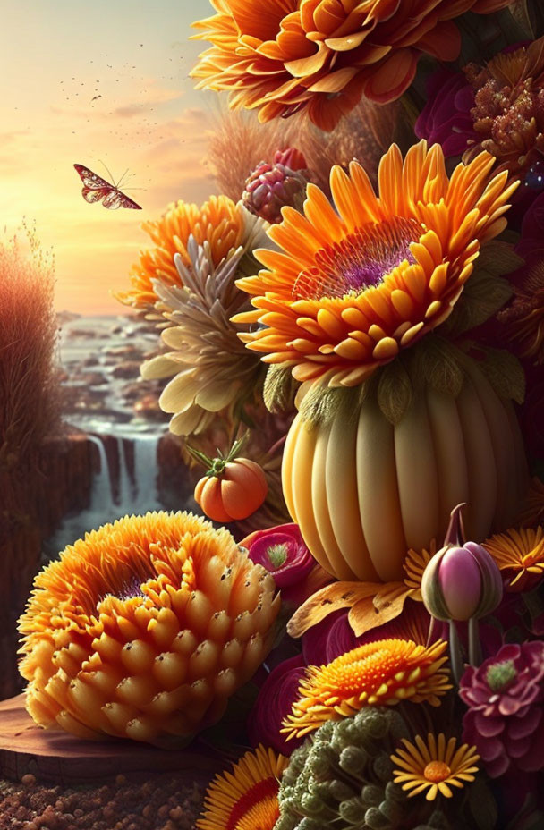 Surreal landscape digital artwork with oversized flowers and butterfly