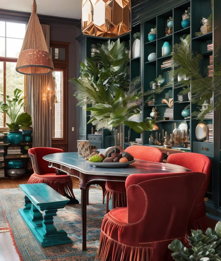 Sophisticated study with teal bookshelves, red velvet chairs, sleek desk, plants, warm