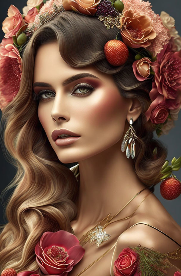 Woman with flowing hair, colorful flowers, berries, dramatic makeup, elegant jewelry