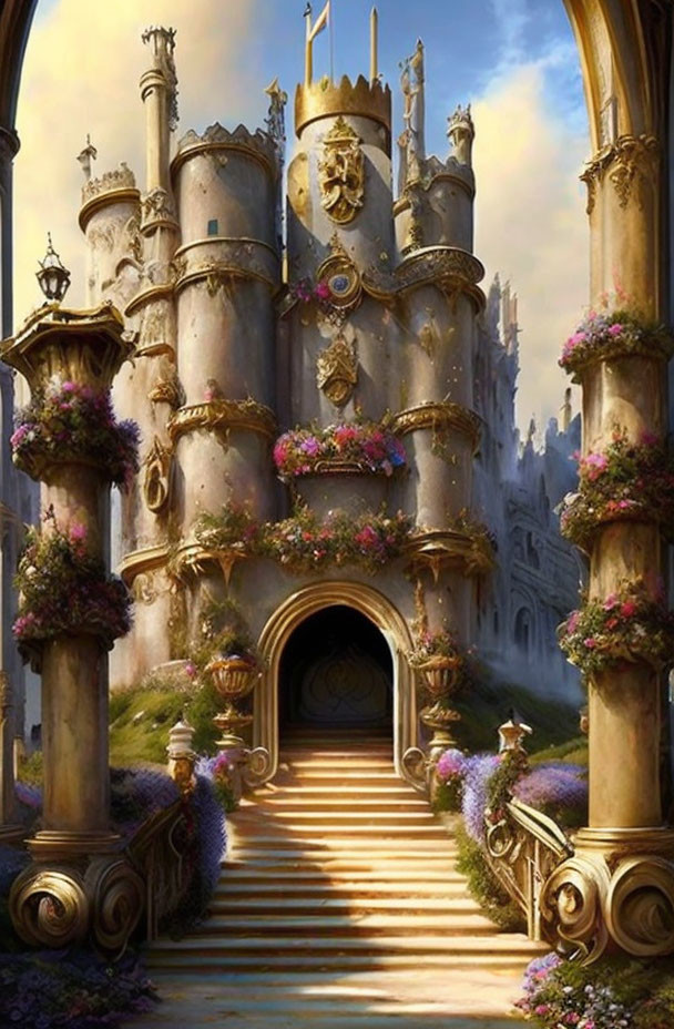 Ornate fairytale castle with banners and flowers in golden sunlight