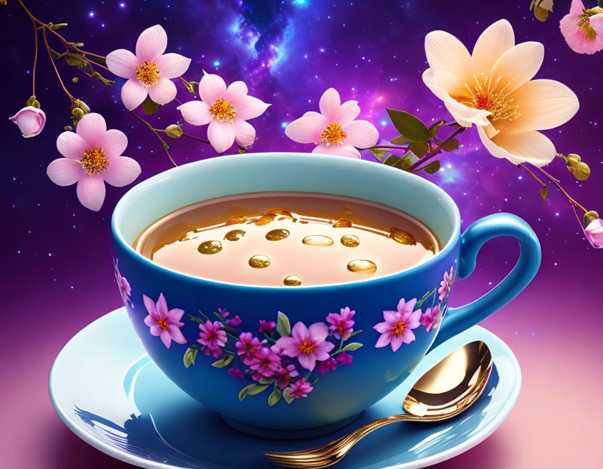 Cosmic teacup with flower decorations and galaxy-themed drink