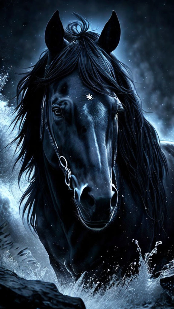 Majestic black horse with shiny coat and starry night background