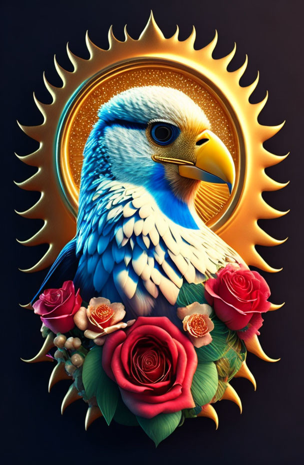 Colorful Eagle Head with Halo and Roses on Dark Background