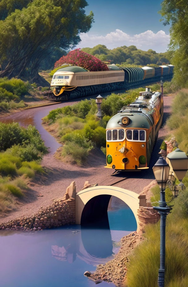 Vintage train crossing stone bridge over river with lush greenery and blue sky