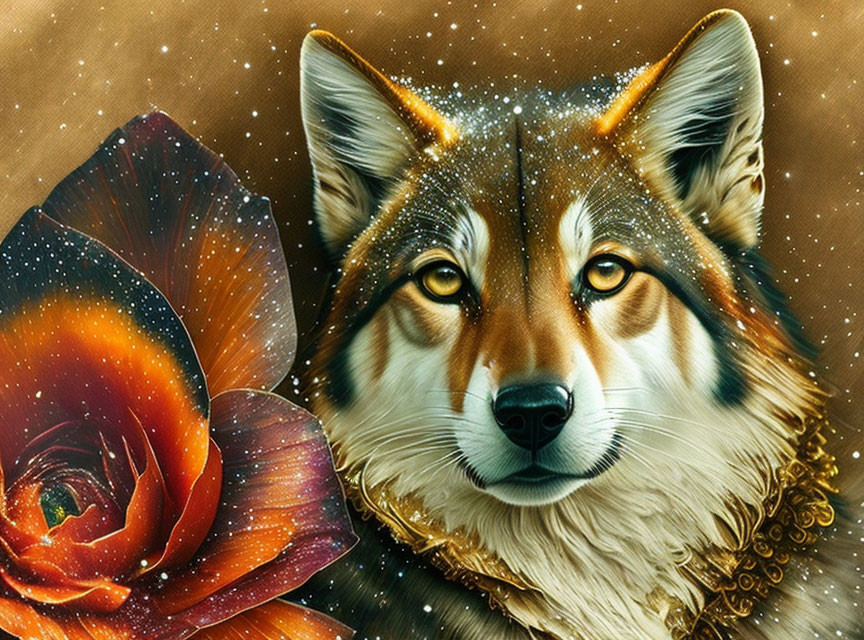 Digital Art: Wolf with Sparkling Fur and Red Rose on Starry Background