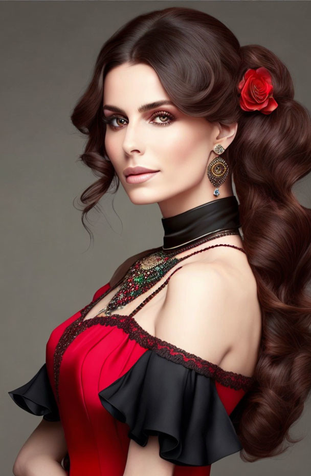 Brown-haired woman with red flower, dramatic makeup, red dress with black trim poses elegantly