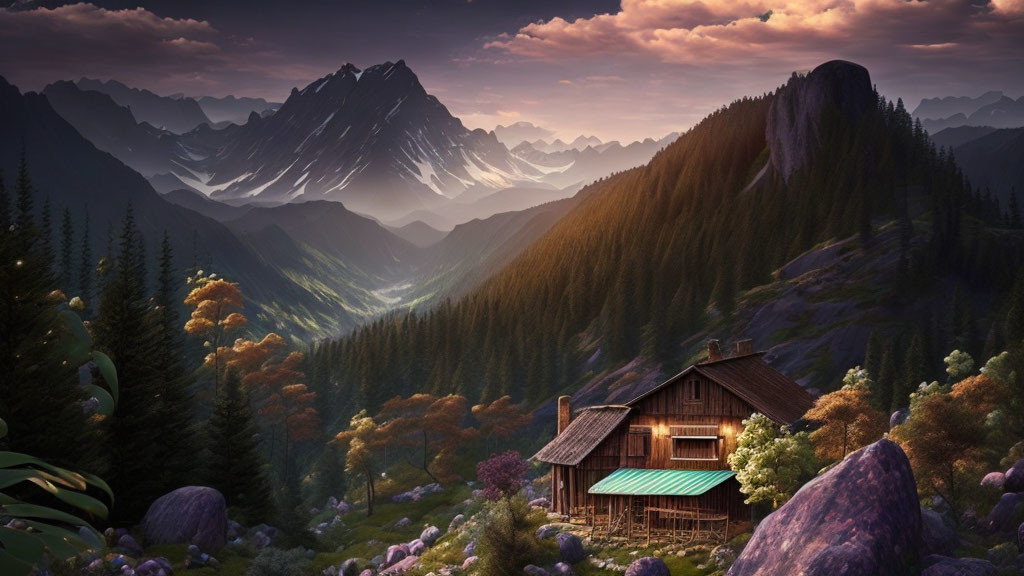 Tranquil sunrise over colorful forest, cabin, and mountains