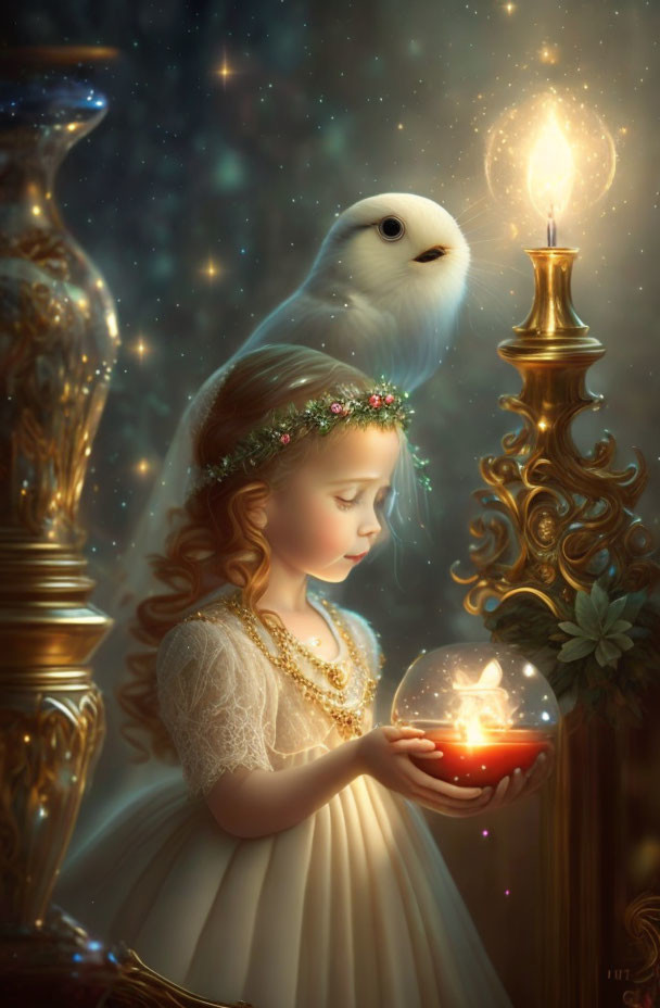 Young girl in vintage dress with glowing orb and owl in ornate setting