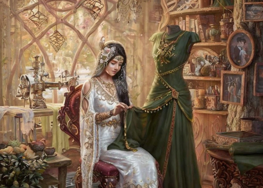 Medieval-themed woman in ornate attire with green dress mannequin and rich decor.