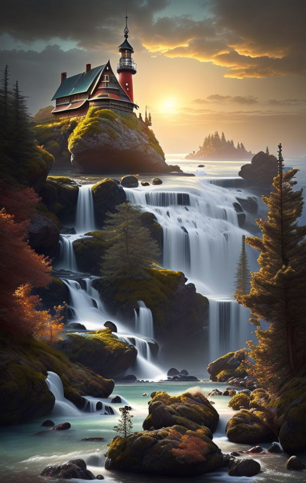 Autumnal forest waterfall scene with lighthouse and sunset