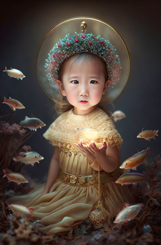 Enchanted young child in golden dress with glowing orb and fish against mystical backdrop