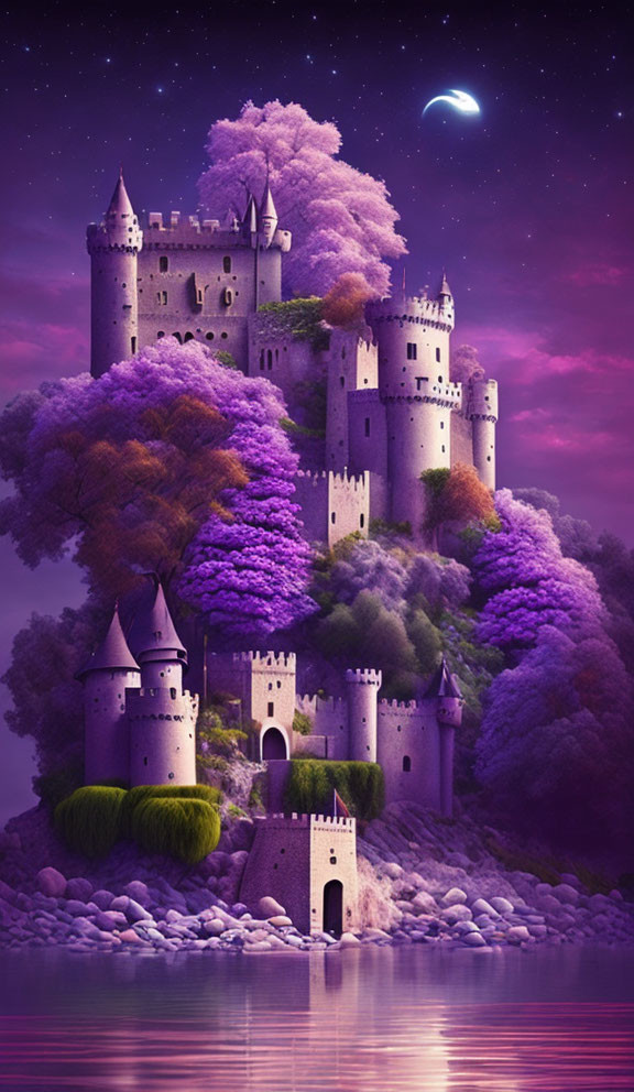 Fantastical castle with multiple towers in vibrant purple foliage under starry night sky