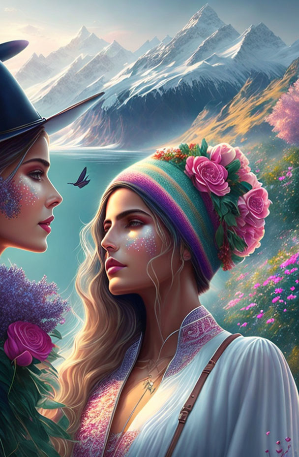 Two women with floral headpiece in front of mountain backdrop