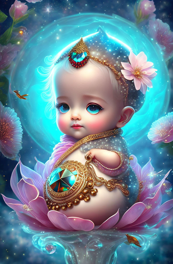 Stylized digital artwork of infant with blue eyes and ornate jewels surrounded by lotus flowers