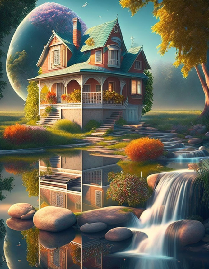 Victorian house by stream with waterfall, autumn trees, and large planet in sky.