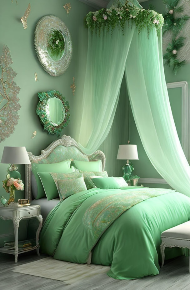 Green-themed elegant bedroom with canopy bed, decorative pillows, mirrors, florals & white table