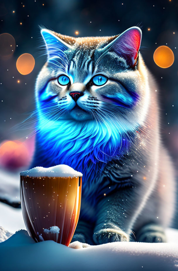 Vivid Blue Cat Artwork in Snow with Steaming Cup