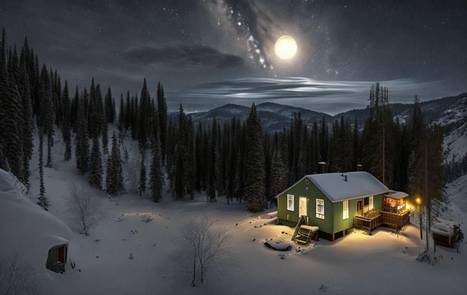 Snowy landscape: Solitary house under moonlit sky