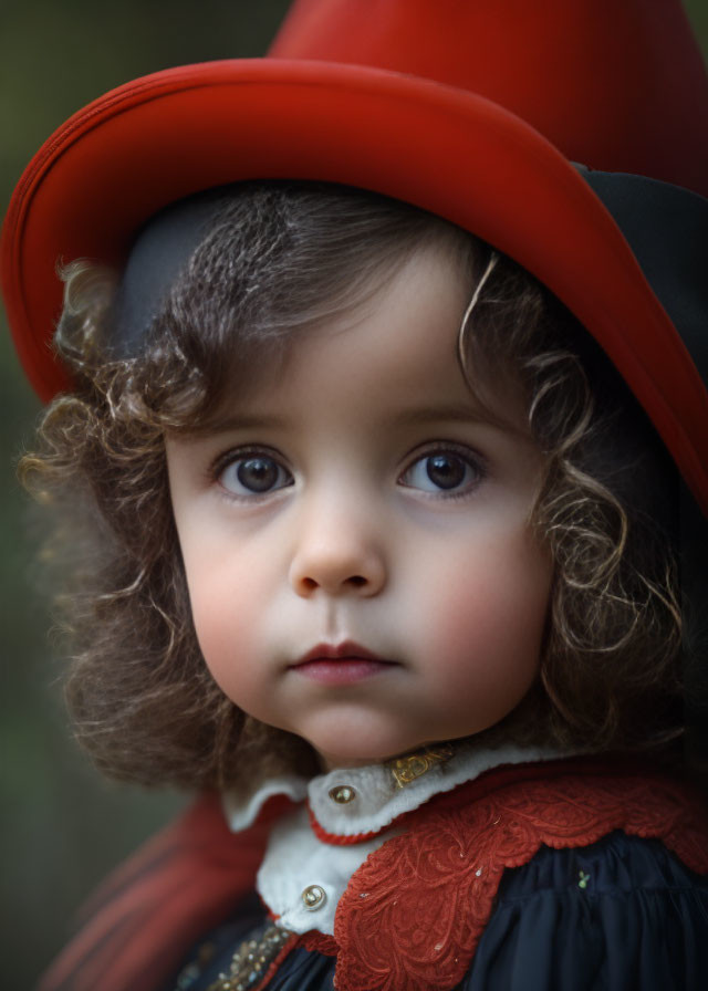 Curly-Haired Child in Vintage Outfit with Red Hat