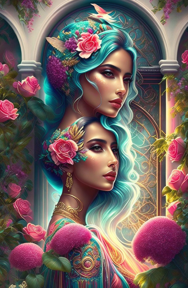 Colorful digital art: Two women with floral hairstyles in front of stained glass and roses